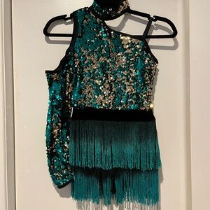 Weissman MC Teal/black one sleeve sequin fringe